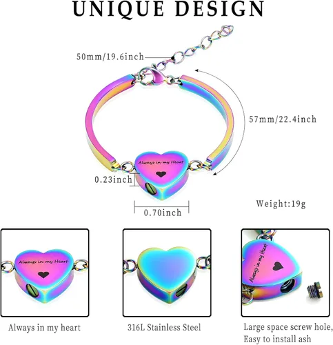 Vista 2 de Alway in My Heart - Pulsera de cremación para cenizas, joyería de cremación en forma de corazón, Metal