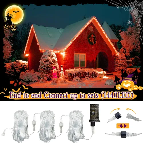 Vista 5 de Luces de red de Halloween, 360 luces LED de malla de 12 pies x 5 pies con 8 modos de control remoto, red impermeable de luces de arbusto de Navidad