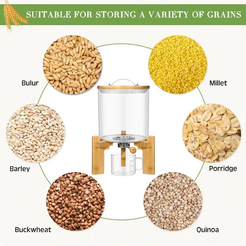 Vista 4 de Zhehao Dispensador de arroz de vidrio de 5 L, contenedor de almacenamiento de arroz, dispensador de cereales de harina, soporte con soporte