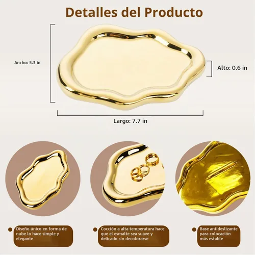 Vista 6 de Ceramic Jewelry Dish, Jewelry Tray Trinket Dish, Gold Cloud Trinket Tray Dorado
