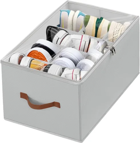 Vista 9 de Organizador de zapatos plegable para armario, caja organizadora de almacenamiento de zapatos con cubierta transparente y asas resistentes