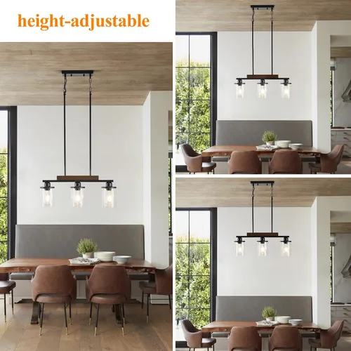 Vista 3 de Lámpara de comedor,Lámpara de cocina de 3 luces para iluminación de granja, iluminación colgante industrial de madera de metal negro mate,Luces