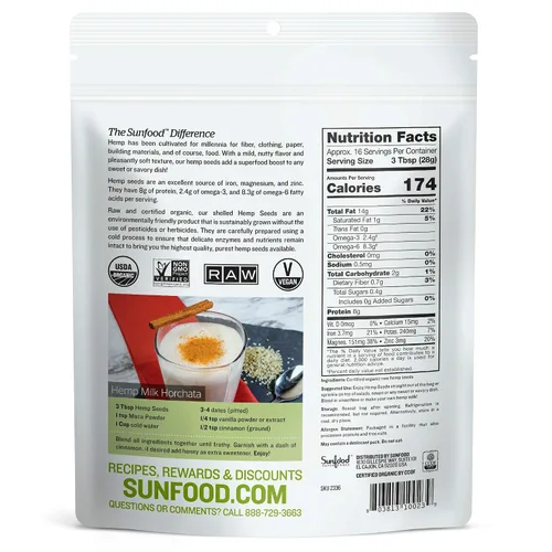 Vista 2 de Sunfood Superfoods Semillas de cáñamo orgánicas crudas, semillas de cáñamo orgánicas, corazones de cáñamo orgánicos, semillas de cáñamo sin cáscara