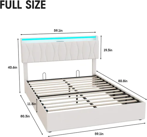 Vista 2 de Fameill - Base de cama tamaño matrimonial con plataforma de almacenamiento abatible, cabecero con altura ajustable y estación de carga, cama