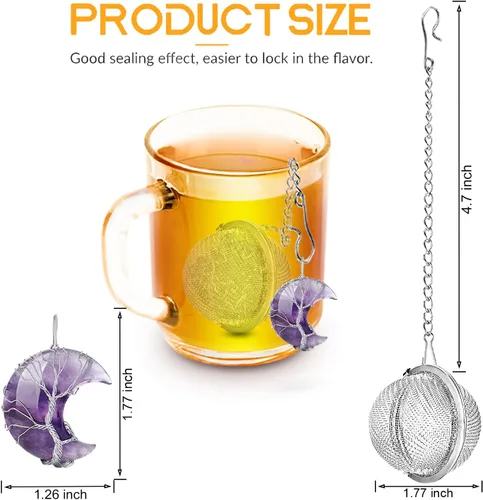 Vista 2 de Infusor de té, colador de té, difusor de té para té suelto, amatista, árbol de la vida, envuelto en alambre, colgante de luna creciente envuelto
