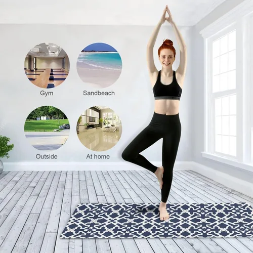 Vista 8 de Tapete de yoga con patrón de cuadros oscuros con bolsa incluida, tapete de entrenamiento antideslizante, tapete de yoga de goma de gamuza plegable