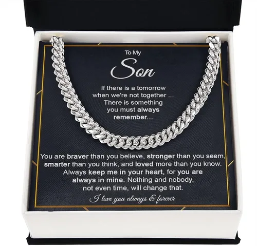 Vista 2 de Collar de cadena de eslabones cubanos con texto en inglés To My Son From Mom para niños, regalo personalizado para hijo de padre y madre, collares