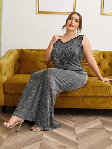 Vista 4 de WDIRARA Vestido largo elegante para mujer, sin mangas, cuello barco, entallado, con flecos, talla grande