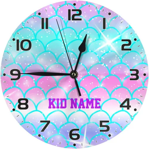 Vista 9 de Reloj de pared personalizado con escamas de sirena coloridas y estrellas de mar para habitación de niños, reloj de pared personalizado con nombre