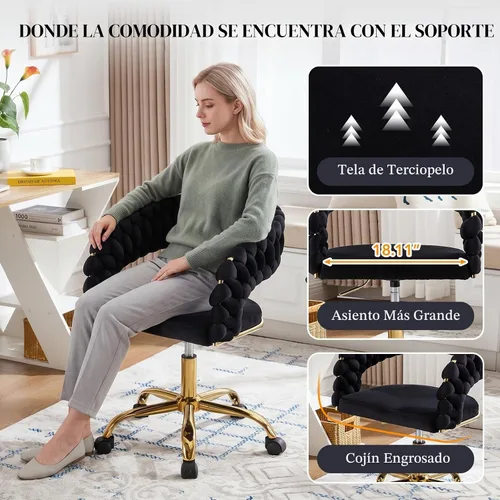 Vista 5 de NIOIIKIT Silla tejida para oficina en casa, silla giratoria de terciopelo Negro