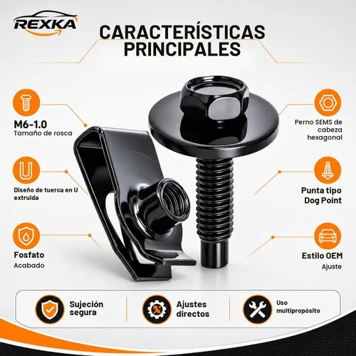 Vista 4 de Rexka 10 juegos de tuercas en U extruidas M6-1.0 y tornillos SEMS de cabeza hexagonal para GM Ford Chevy ChryslerJeep Dodge – multiusos – Protector