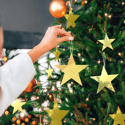 Vista 5 de 120 recortes dorados con purpurina de cinco estrellas, recortes de estrellas de papel para tablón de anuncios, estrellas, aula, pared, fiesta