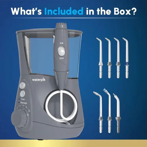 Vista 4 de Waterpik Acuario irrigador dental para limpieza de dientes, encías, aparatos ortopédicos, cuidado dental, energía eléctrica con 10 ajustes, 7 puntas