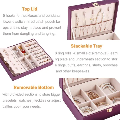 Vista 2 de Voova - Joyero organizador para mujeres y niñas, 2 capas de almacenamiento de joyas grandes para hombres, soporte para joyas de piel sintética