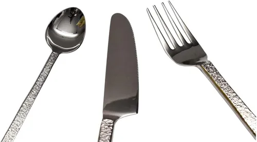 Vista 5 de Bold & Divine Hammered Silver - Juego de cubiertos de acero inoxidable de 5 piezas, incluye cuchillo, tenedor, cuchara, cubiertos de acero
