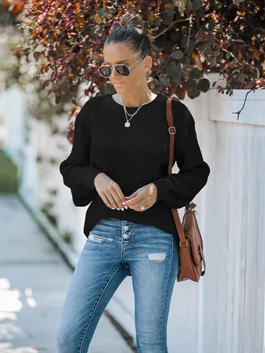 Vista 8 de MEROKEETY - Suéter de punto gofre para otoño para mujer, estilo casual, manga larga tipo globo, holgado, sin botones