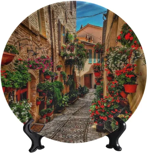 Vista 89 de Plato decorativo colgante de cerámica con temática de paisaje, plato decorativo redondo de plantas en maceta, con soporte decorativo, para sala