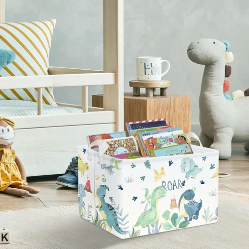 Vista 4 de Clastyle Adorable acuarela verde dinosaurio estante cesta volcán hoja de palma plegable cubo de almacenamiento rectangular ropa libros juguetes cubo