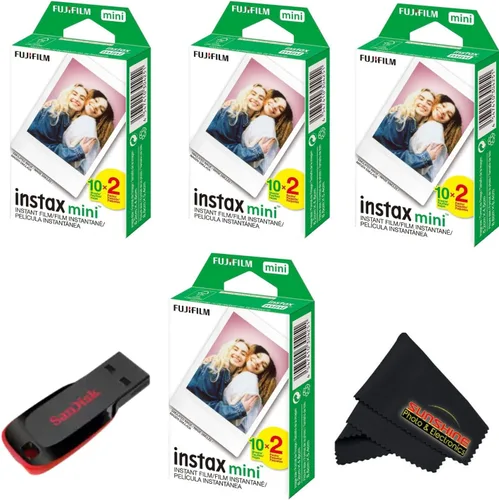 Vista 10 de Fujifilm Instax mini película instantánea de luz diurna (paquete doble + unidad flash USB de 32 GB) con paño de limpieza de microfibra Sunshine
