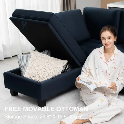 Vista 3 de Belffin Otomana rectangular de terciopelo con almacenamiento, diseño copetudo, color azul