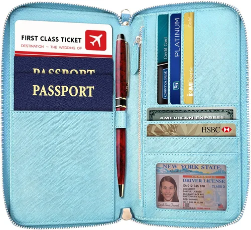 Vista 2 de Travel wallet Document Organizer RFID Passport Case Family Holder (Pearl Blue)