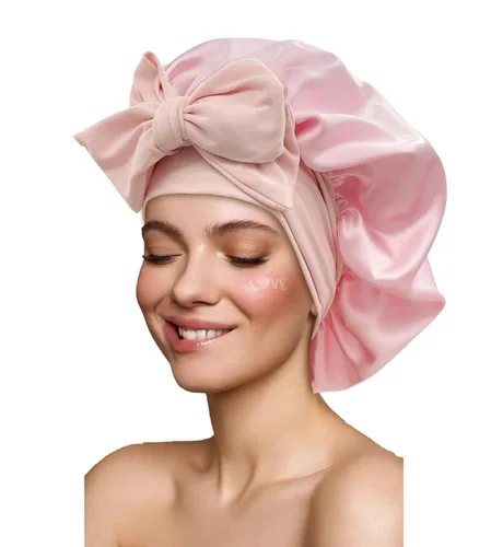 Vista 12 de Gorro de satén de seda para dormir con banda de amarre y tiras ajustables, para mujeres con cabello rizado y trenzado, color negro, tamaño grande