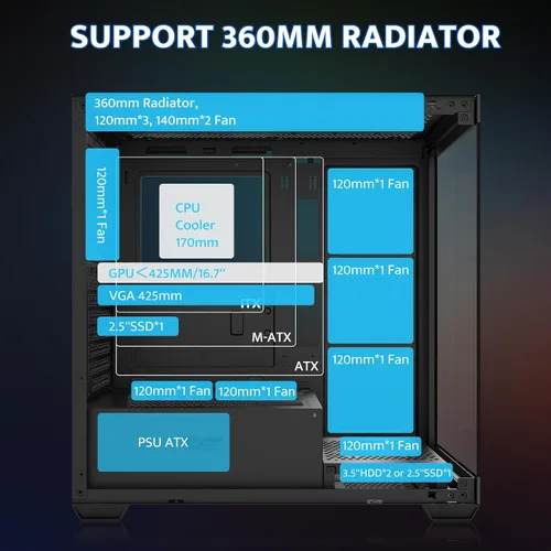 Vista 6 de darkFlash ATX Mid-Tower Caja para PC, Caja de Computadora Pre-Instalada con 4 Ventiladores ARGB PWM, Caja para PC de Juego de Vidrio Templado Dual