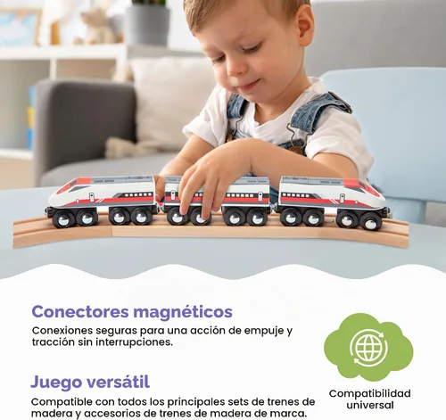 Vista 3 de Maxim Enterprise, inc. Tren de bala de madera, juego de 2 motores modernos, 1 elegante coche de pasajeros con conectores magnéticos, compatible