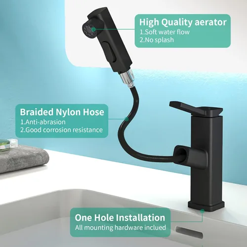 Vista 6 de Grifo de baño de un solo agujero, grifo de lavabo de baño moderno extraíble con 3 modos de flujo de agua, grifos de baño con rociador