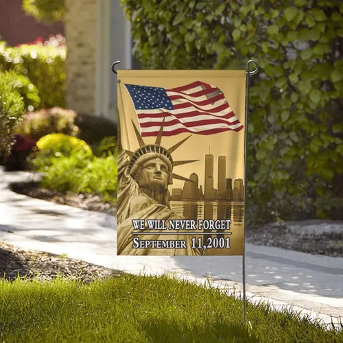 Vista 4 de Bandera de jardín con texto en inglés "We Will Never Forget 9-11" de 12.5 x 18 pulgadas, de doble cara, duradera, resistente a la decoloración