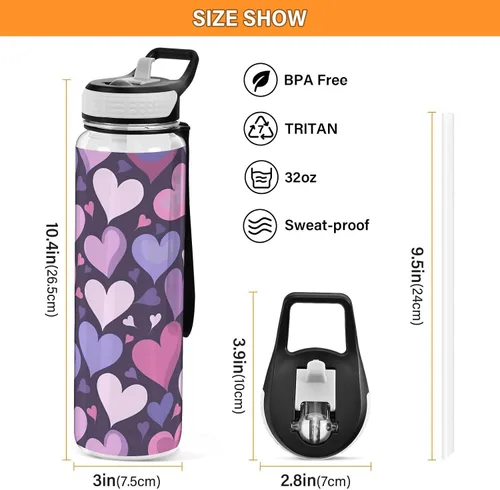 Vista 3 de Burbuja Purple Heart - Botella de agua de 32 onzas con tapa con popote, a prueba de fugas y sin BPA, botella de Tritan para gimnasio, fitness