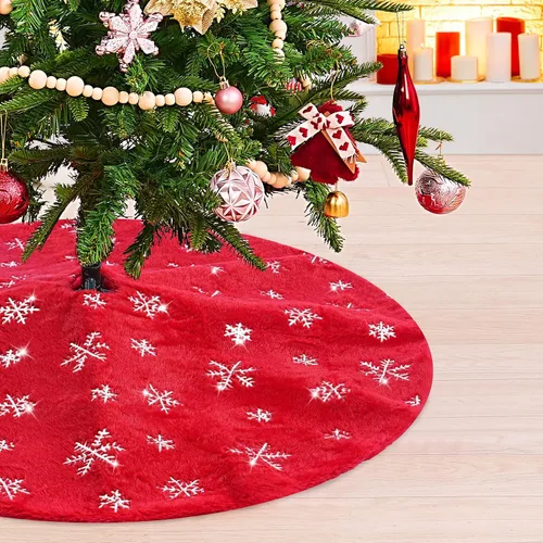 Vista 11 de Falda de árbol pequeña de 24 pulgadas, falda de árbol de piel sintética blanca de Navidad de 4 pies, mini copos de nieve de lentejuelas doradas