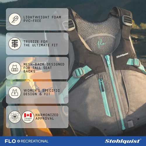 Vista 4 de Stohlquist Chaleco salvavidas PFD para mujer, 8 puntos de ajuste para un ajuste definitivo, carcasa exterior Ripstop, flotación de espalda alta Gris