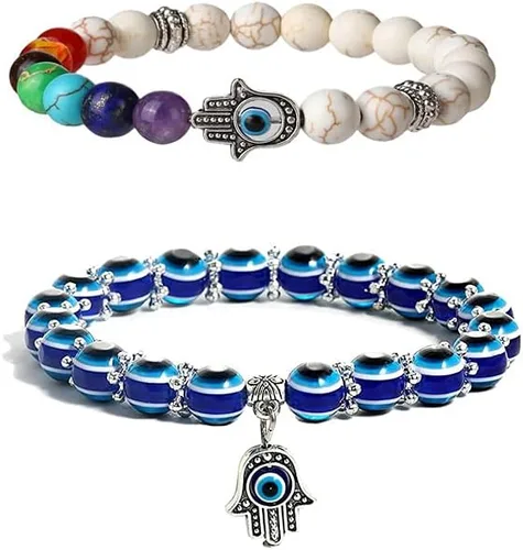 Vista 10 de 2 Pulseras elásticas con cuentas azules de ojo malvado, 7 chakras, piedra de lava, mano de Hamsa
