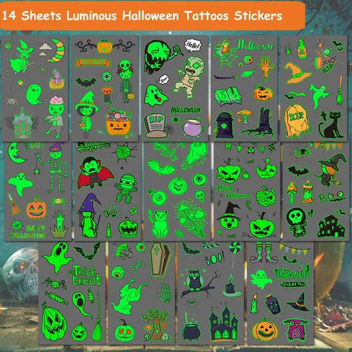 Vista 3 de CHARLENT Tatuajes temporales luminosos de Halloween para suministros de fiesta de niños, 120 estilos que brillan en la oscuridad de Halloween