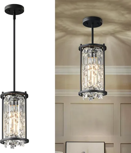 Vista 12 de LMQNINE Modernas lámparas colgantes negras para isla de cocina, lámpara de araña de cristal, iluminación colgante ajustable de granja para comedor