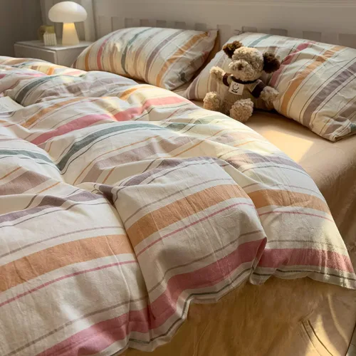 Vista 25 de MKXI Juego de ropa de cama con diseño de corbata de moño linda y rayas de flores rosas, tamaño individual, de algodón - Funda de edredón