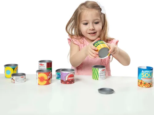Vista 7 de Melissa & Doug, ¡Juguemos a la casa! Accesorios de cocina, Latas de comida, 10 latas apilables con tapas extraíbles Latas de comestibles