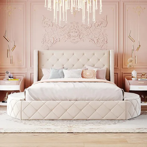 Vista 3 de Cama de plataforma tapizada tamaño Queen, muebles de dormitorio, marco de cama de madera de pino con cajón, taburetes de almacenamiento laterales