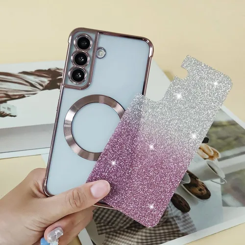 Vista 5 de Funda magnética con purpurina para Samsung Galaxy S21 Fe, funda de lujo de protección completa con protector de lente de cámara, antiarañazos, a