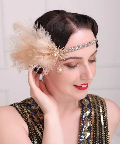 Vista 3 de Aimimier - Diadema de plumas de champán con cadena de diamantes de imitación para mujer y niña