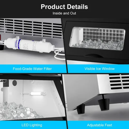 Vista 8 de COTLIN - Máquina comercial para hacer hielo de 200 libras en 24 horas, 60 cubitos por ciclo, con depósito de almacenamiento con aislamiento de más