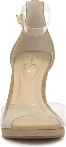 Vista 2 de Jessica Simpson Sandalias de tacón alto Daisile Peep Toe para mujer Gamuza de almendra/Tpu