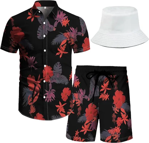 Vista 9 de RPOVIG Conjunto de playa a juego con camisas y pantalones cortos para hombre, ropa floral hawaiana para festival, conjuntos de 2 piezas con sombrero