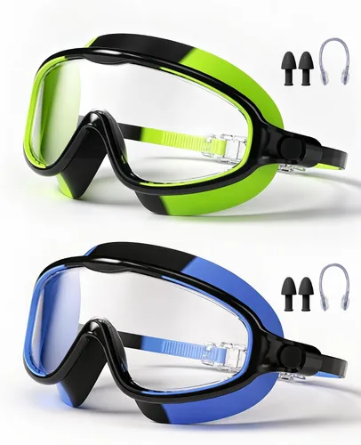 Vista 9 de Gafas de natación para niños de 3 a 15 años con tapones para los oídos, marco grande, gafas de natación antivaho/UV para niños, niñas y bebés, 2
