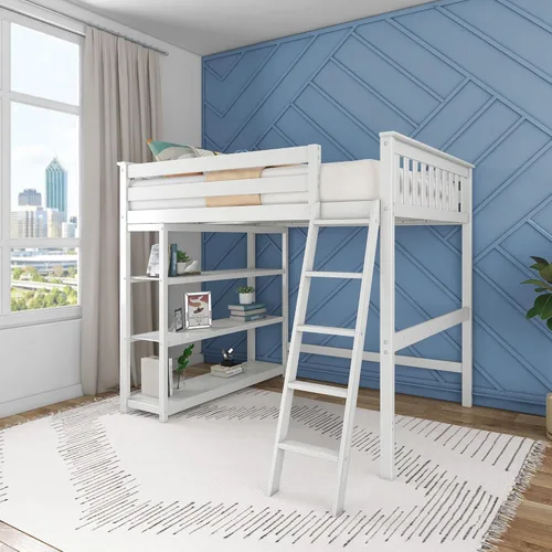 Vista 10 de Max & Lily Cama alta de tamaño matrimonial con estantería, arcilla, madera maciza, marco de cama moderno para niños/adolescentes, pino, acabado