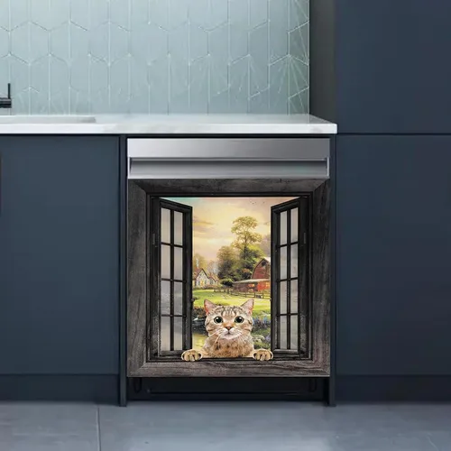 Vista 2 de Divertida funda magnética para lavavajillas para mascotas, cubierta magnética para puerta de lavavajillas con lindo gato, cubierta para panel