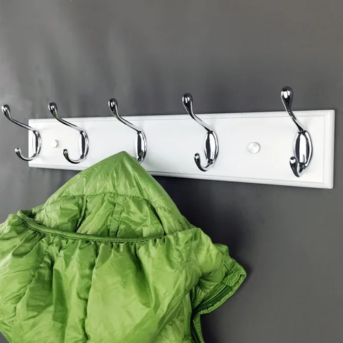 Vista 5 de Perchero de pared con 5 ganchos plateados de madera, 17.3’’, Ganchos resistentes para colgar ropa, sombrero, mochila, etc., Gran decoración moderna
