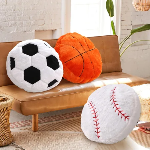 Vista 6 de Paquete de 2 almohadas de béisbol de felpa, suaves y esponjosas redondas con forma de béisbol para habitación de niños, decoración de sofá y cama