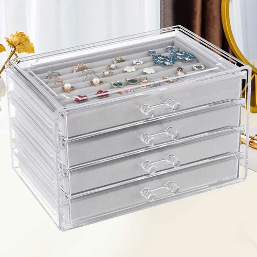 Vista 7 de Weiai Organizador de joyas acrílico caja de joyería transparente con 4 cajones vitrina de terciopelo para almacenamiento aretes anillos collares